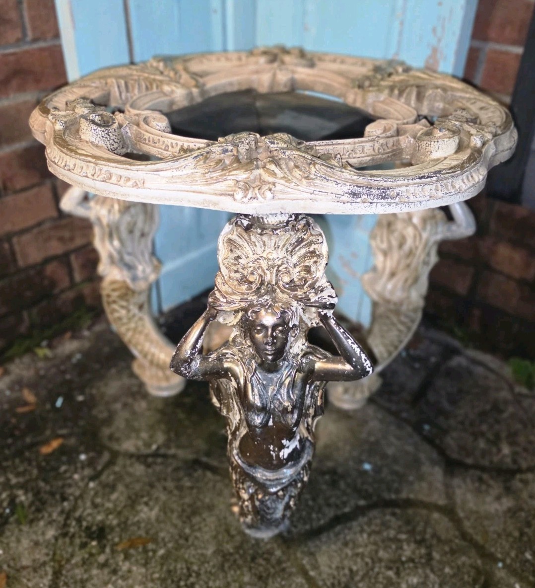 Victorian Style Mermaid Pedistal Table. Bronze Finish Metal Base.