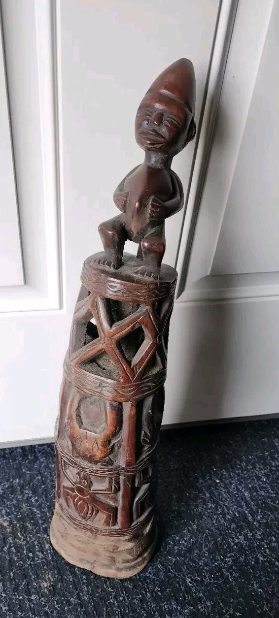 Antique African wood statue tribal art Bamileke horn 22″ fertility
