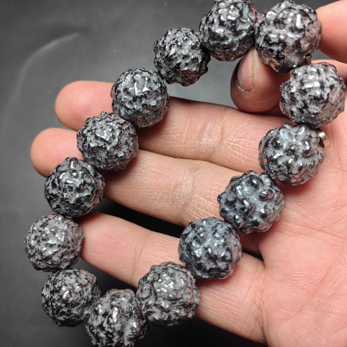 12mm Irregular Meteorite Black Glossy Bead Bracelet Unique Men’s Accessory