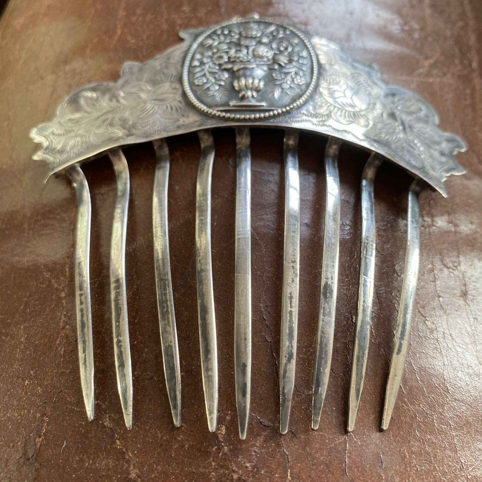 American Early Coin Silver Hair Comb Antique .900 Basket of Flowers Not Sterling