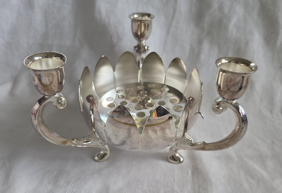 Vintage Leonard Candelabra Silver Plated Lotus Flower Frog 3 Candle Holder Bowl