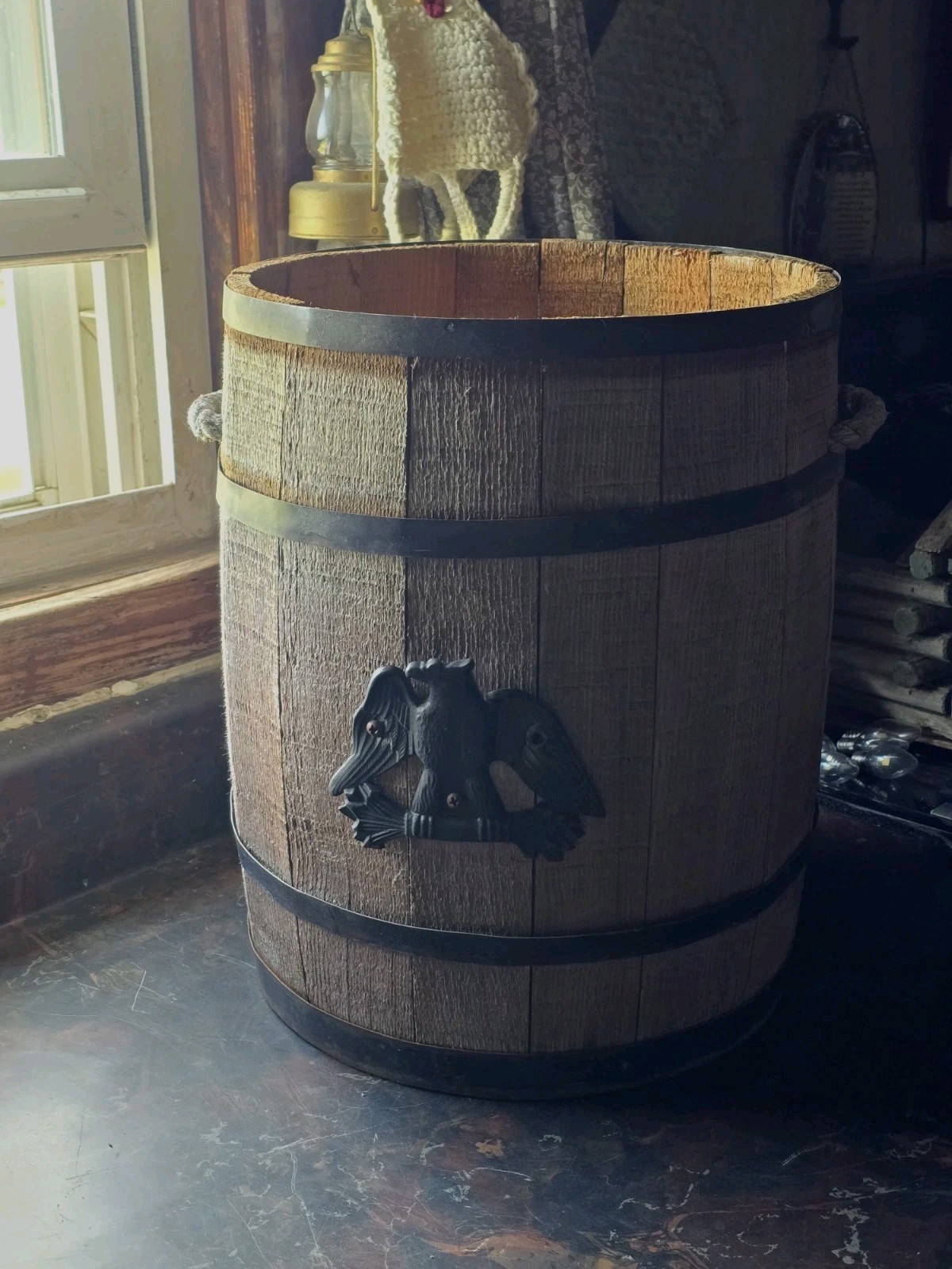 Vintage Rustic Wooden Slat Barrel With American Eagle And Rope Handles 14″ × 11″