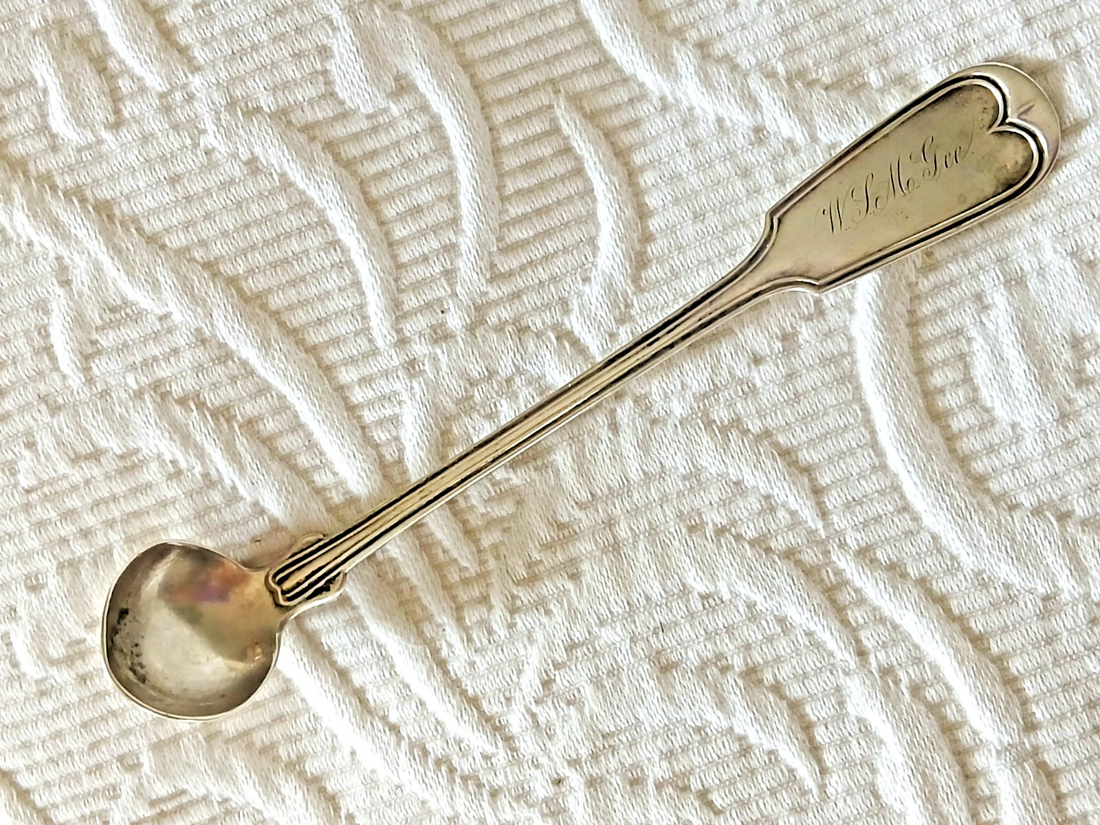 Antique Sterling Coin UNKNOWN Fiddle & Thread Mustard Ladle Spoon RARE “McGee”
