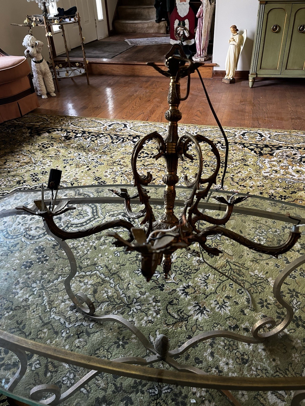 Antique VTG 5 Arm Ornate Filigree Brass Spanish Chandelier Parts or Repair