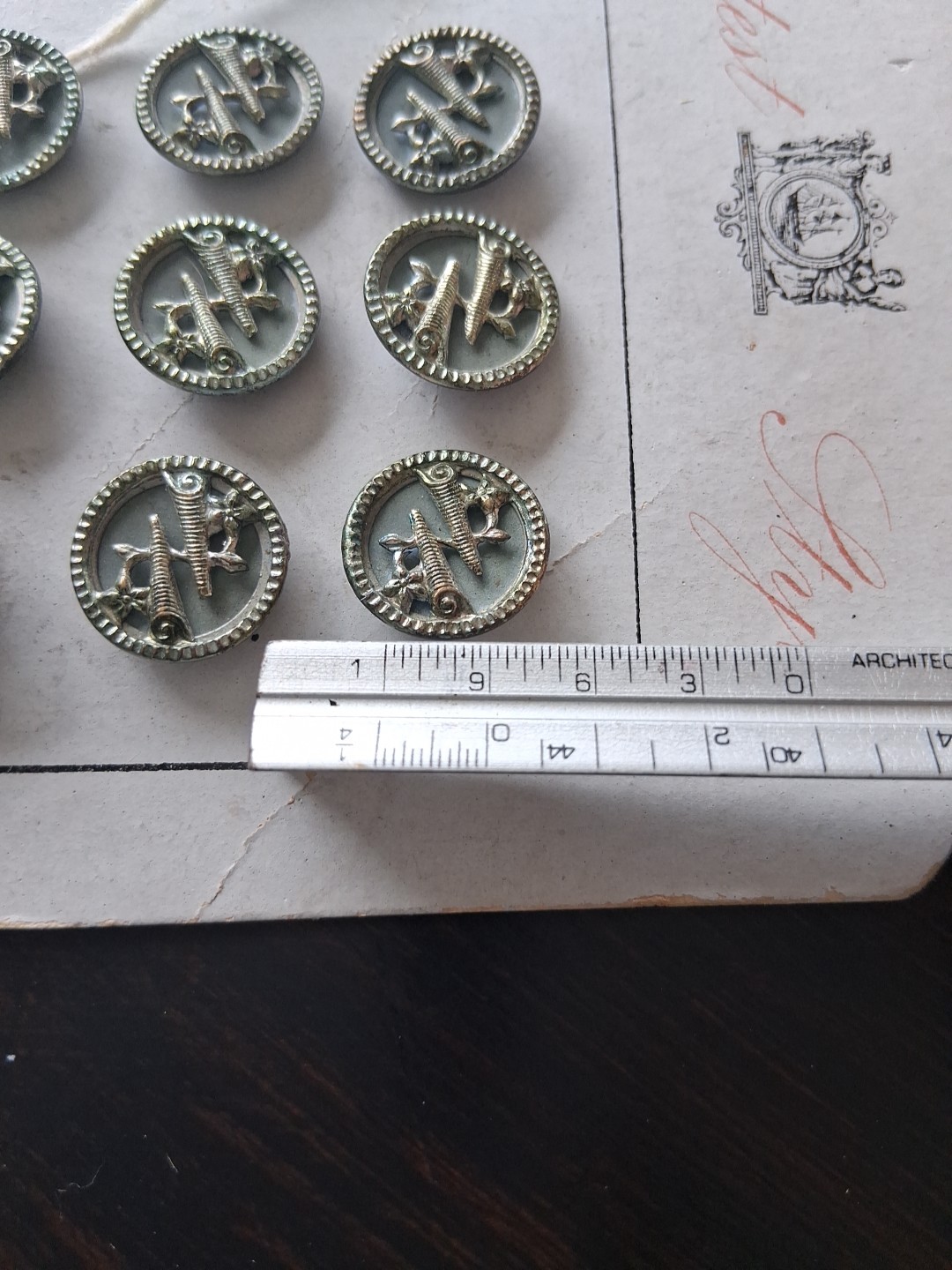Antique Shank Embossed Metal Brassy Meral Buttons New Count of 18
