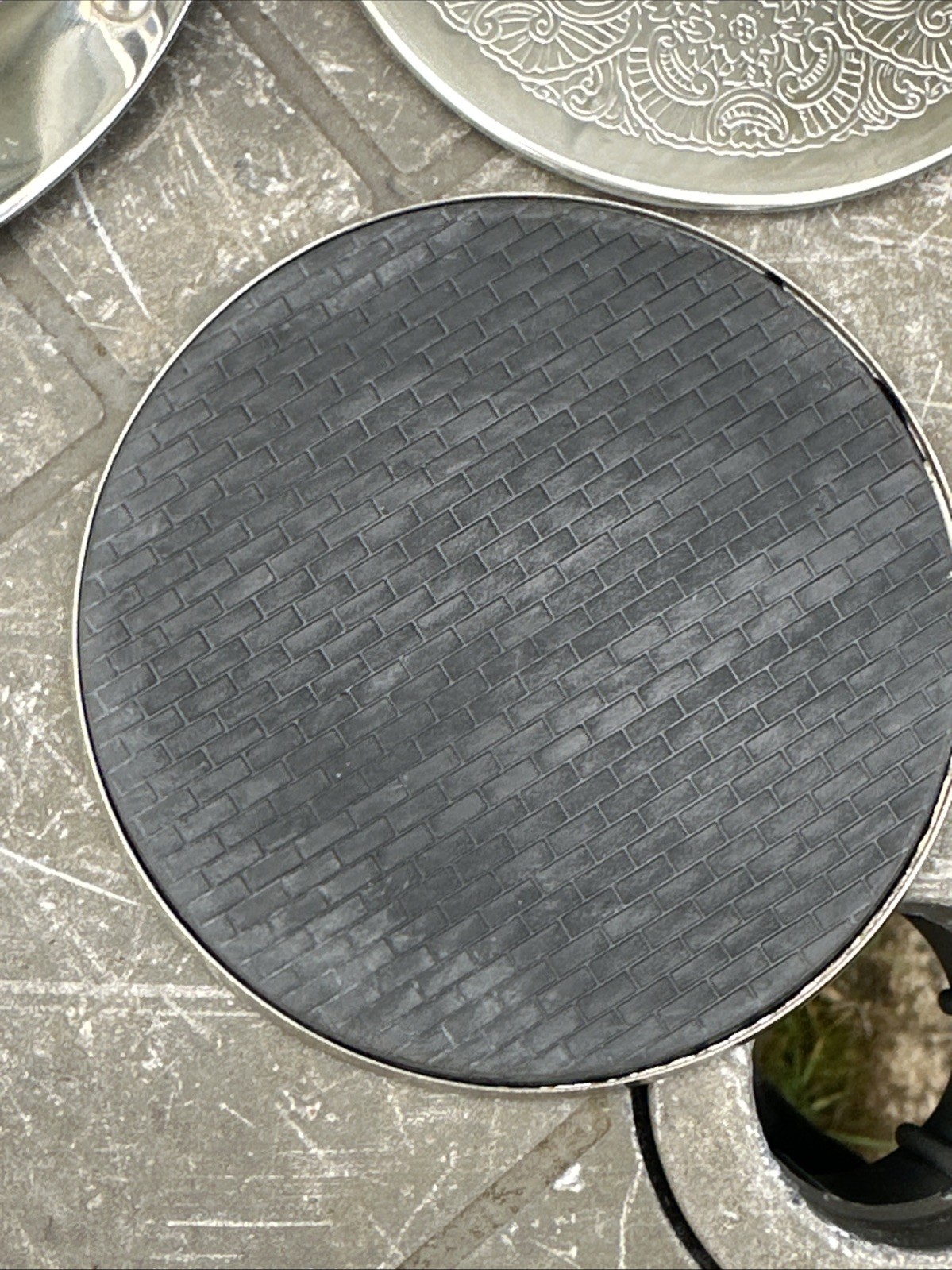 Vintage Silver Plated Set of 6 Etched Round Coasters in Caddy Holder 7 Piece Set