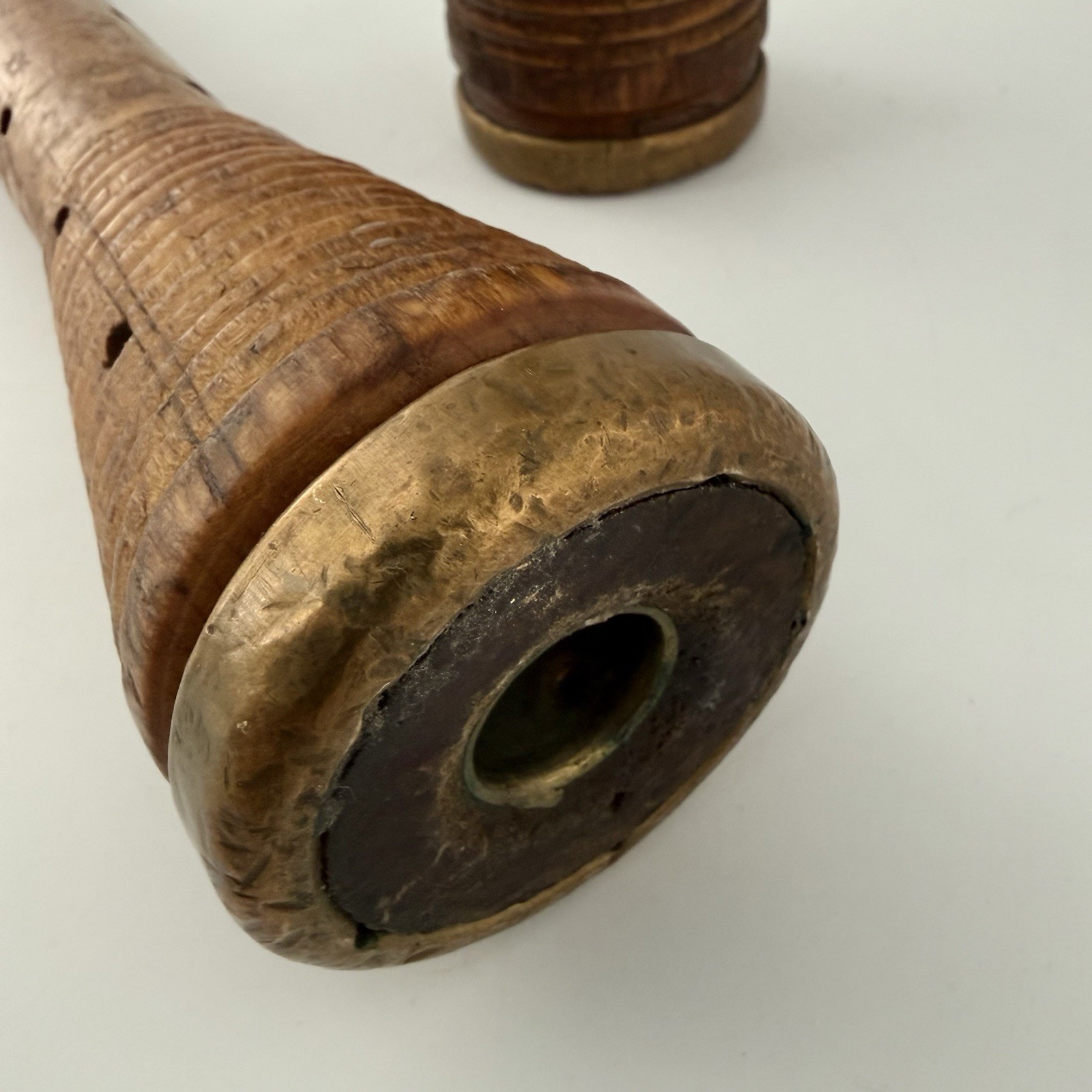 Antique Industrial Textile Mill Bobbins Wood Brass Pair 12″ Primitive Decor