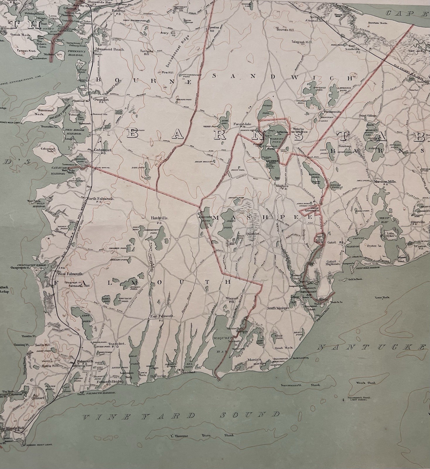 1891 Original Cape Cod Map,Falmouth,Mashpee,Sandwich,Barnstable,Mass,MA,Bay,Old