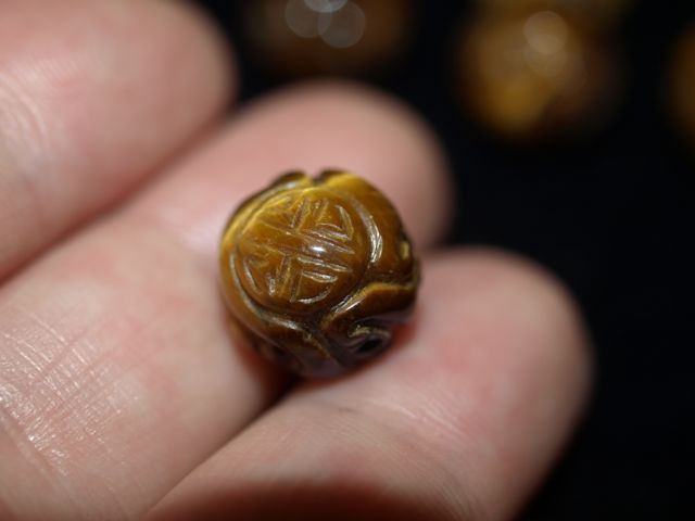 Vintage Carved Chinese Bead Tigers Eye Tiger Eye Stone Round Shou Design 12mm