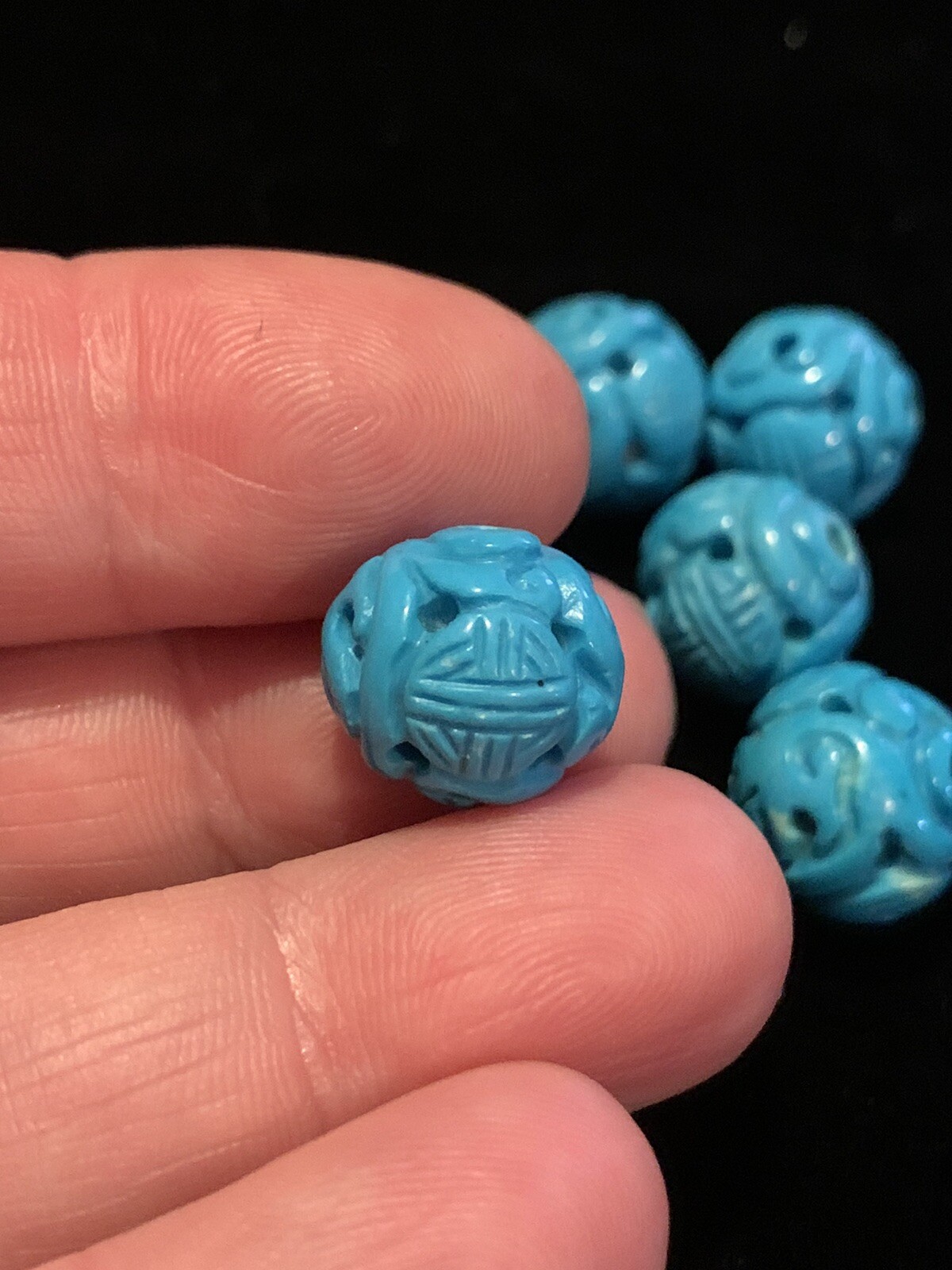 One Vintage Carved Chinese Bead Natural Blue Turquoise Gemstone Round Shou 12mm