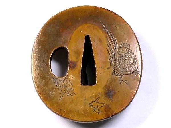 Tsuba Japan Antique Japanese Sword Edo Period Parent and Child Chickens Copper