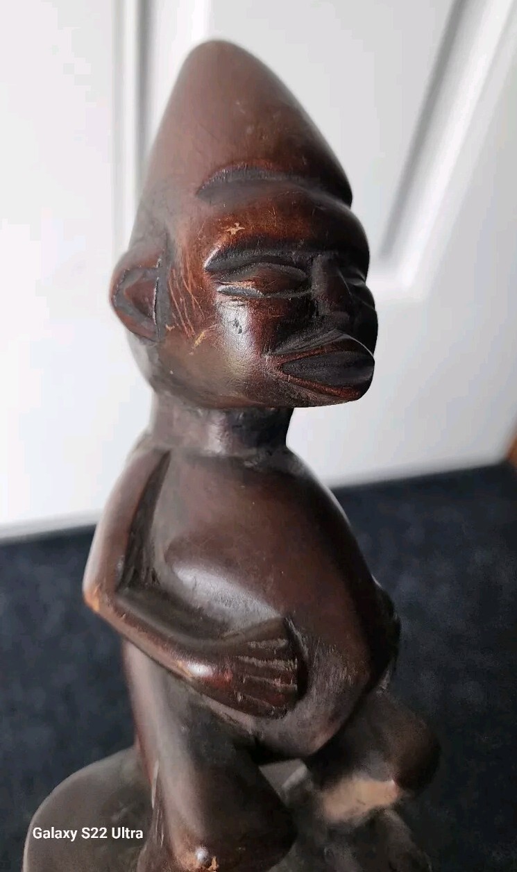 Antique African wood statue tribal art Bamileke horn 22″ fertility