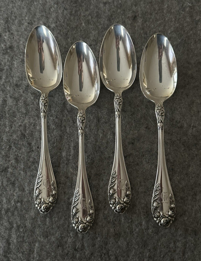 ROSE pattern by Wallace, 1898 Sterling Silver Oval Soup Spoon-7-1/8″-Set of 4
