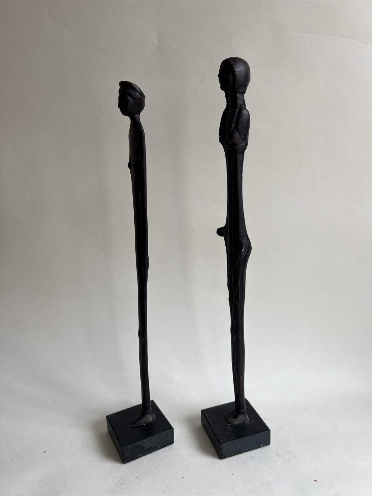 Two Large Bronze Etruscan MCM Giacometti-style Standing Greek Kore Sculptures