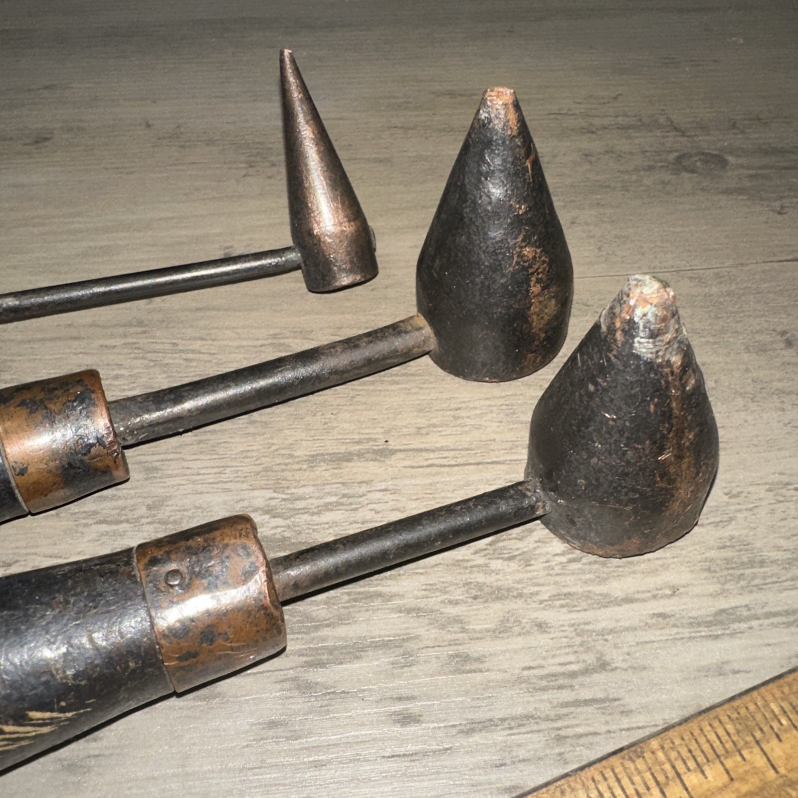 3 Unknown Antique Copper Tools With Wood Handles. Coppersmith Tools?