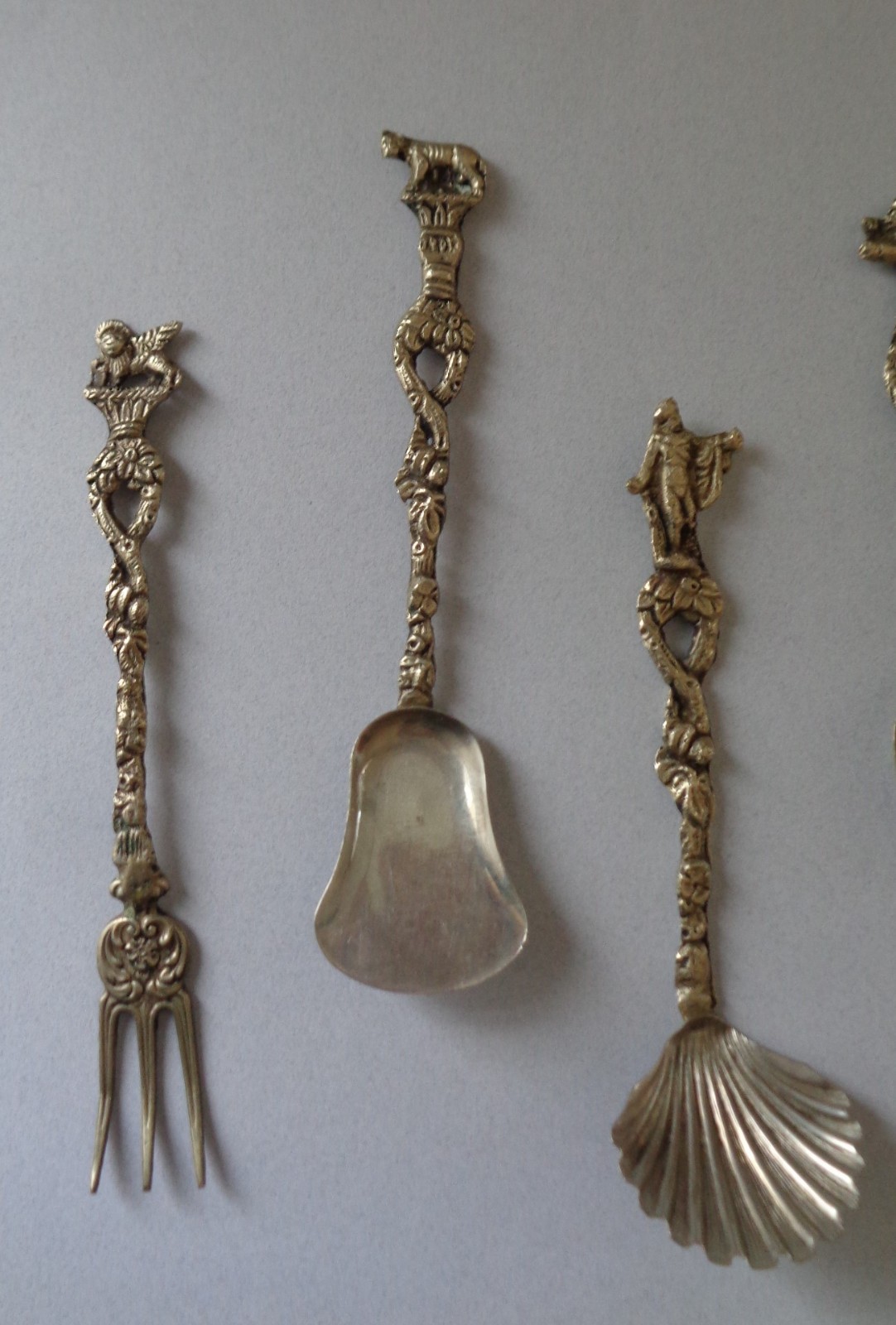 Antique Montagnani Italy Ornate Small Serving Utensils Roman Figures Set of 3