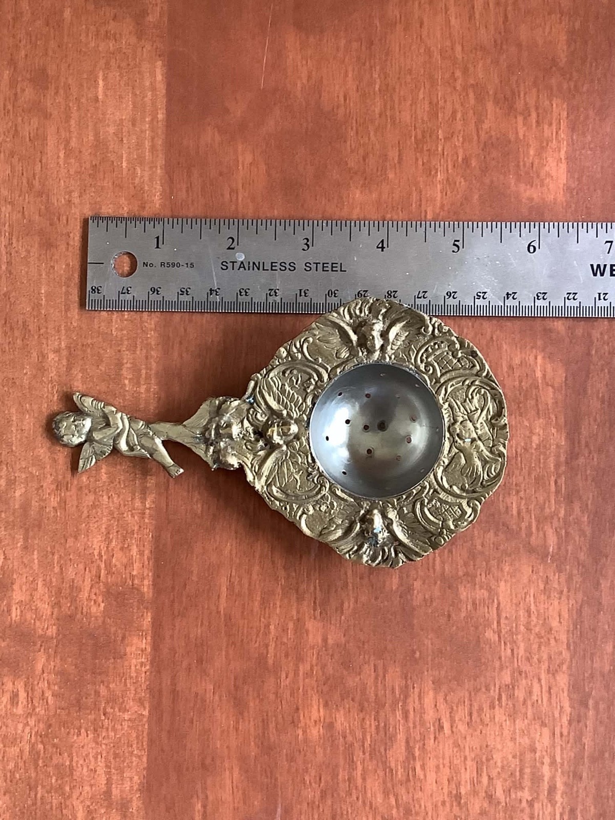 Antique Ornate Early 1900s Italian Brass & Silver Tea Strainer Cherubs Gorgeous