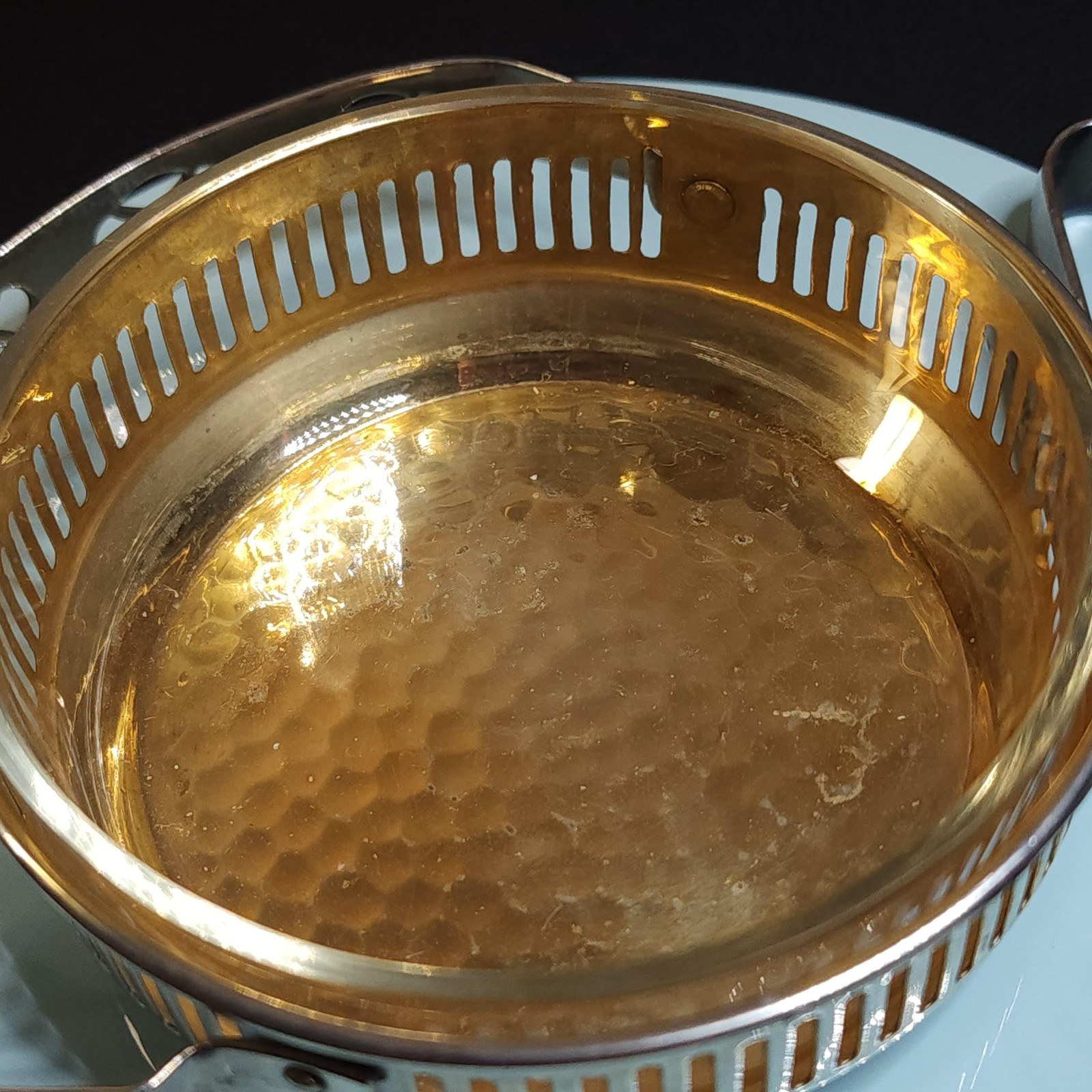 Vintage Silverplate Sugar Bowl Hammered Brass Liner & Tongs Glass Dish England