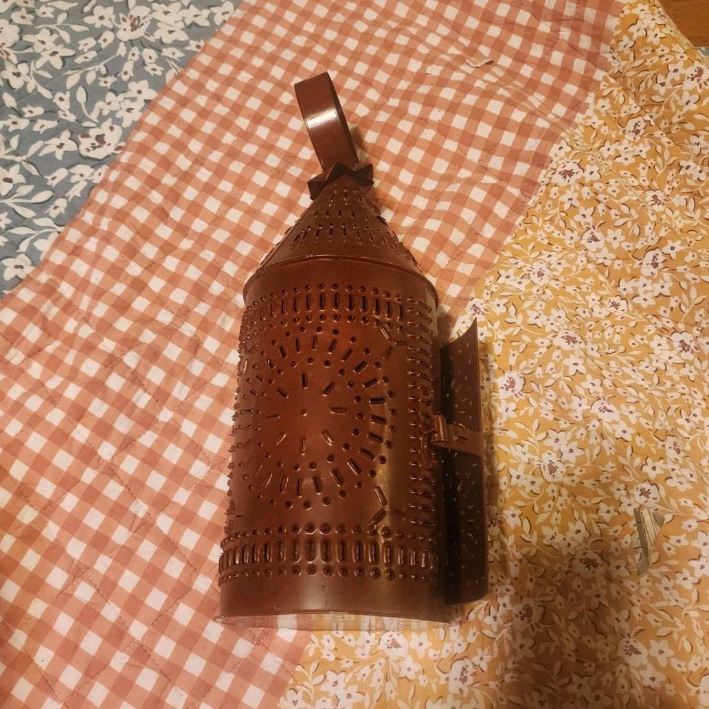Primitive Metal Punched Tin Lantern Brown Small Up to 14in