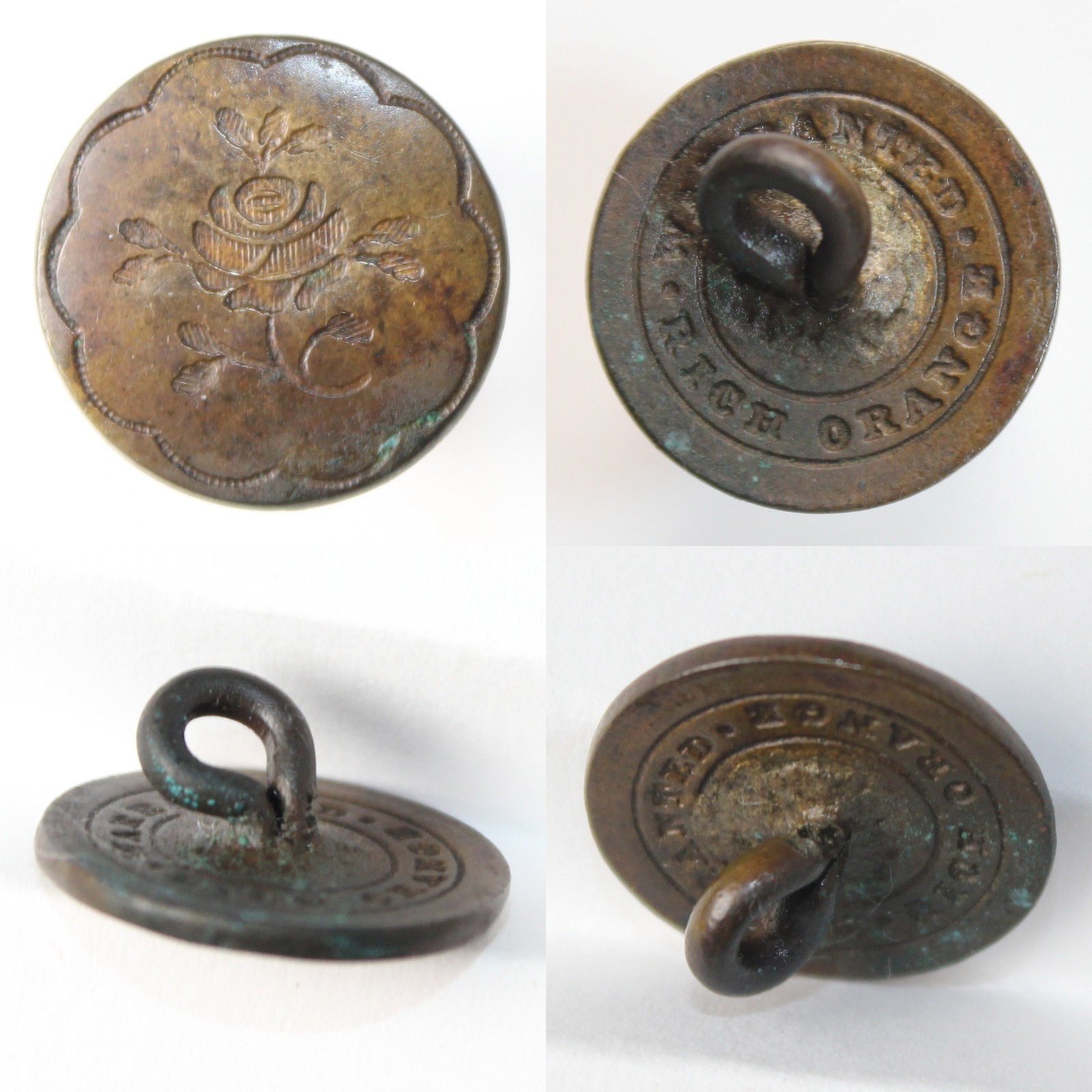 Georgian Flat Brass Gilt Button WARRANTED RICH ORANGE Rose Design 15mm c.1800