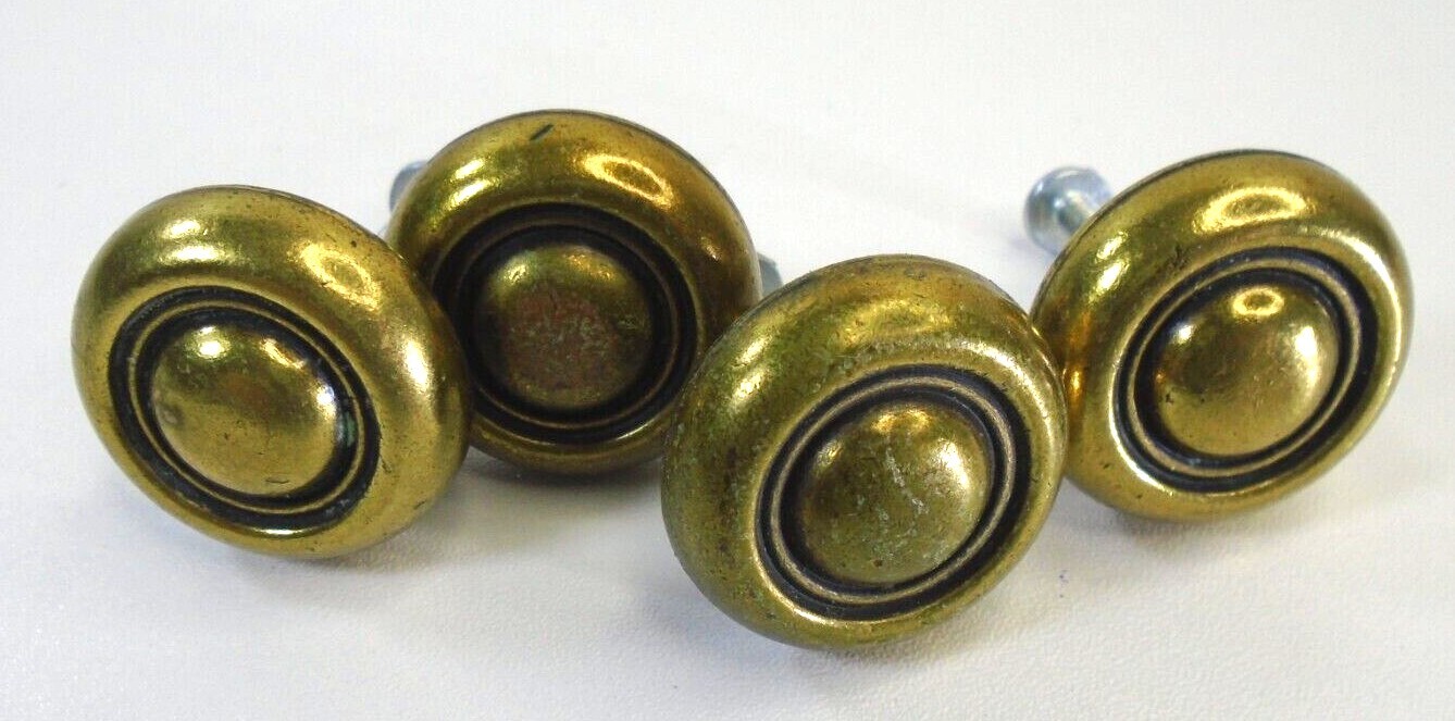 Vtg Brass Bullseye Knobs Set 4pc 1-1/4″ Round Dresser Drawer Cabinet Knobs