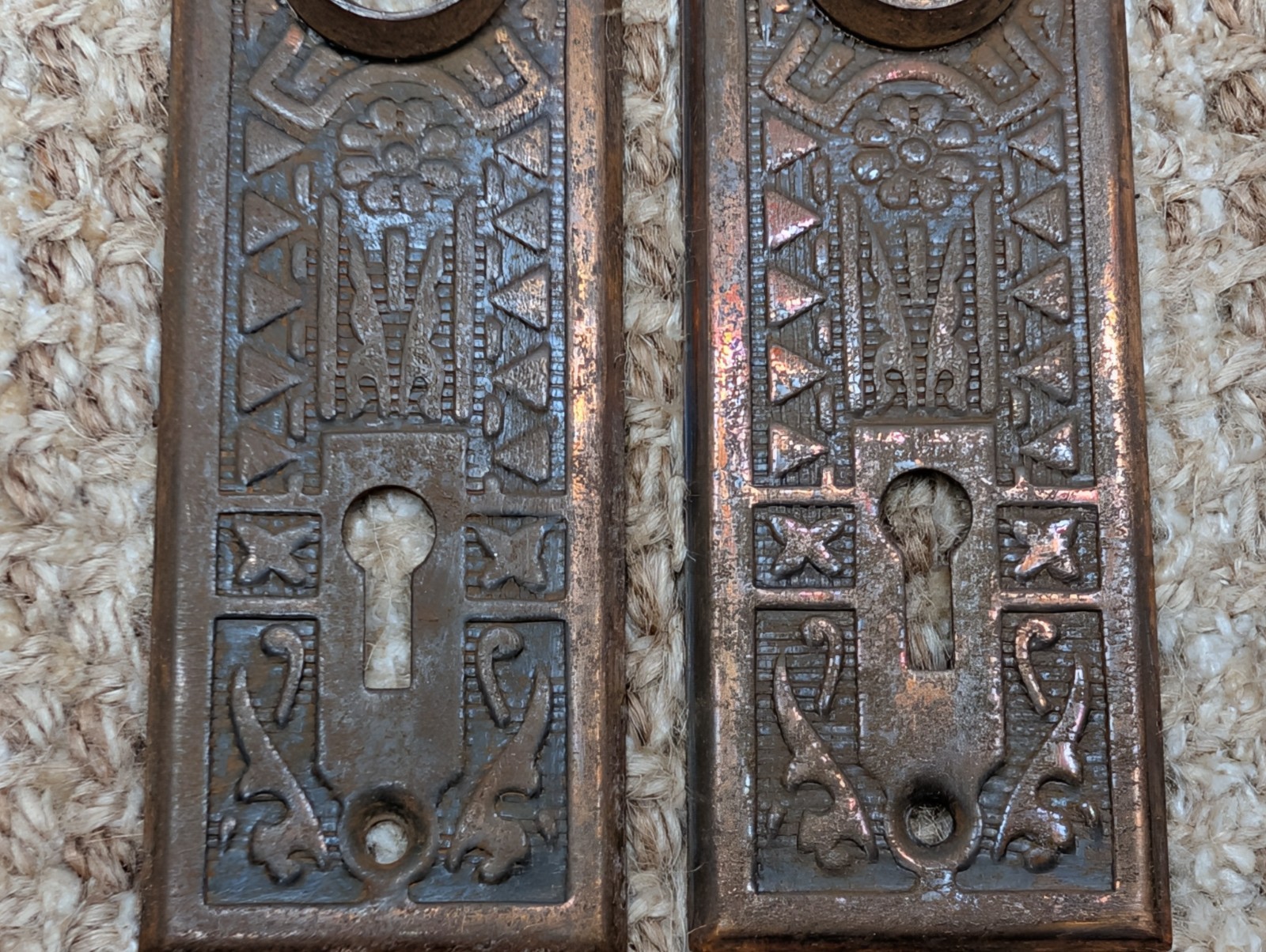 Pair 1 5/8″ x 5 1/2″ Antique Sargent Stamped Steel Door Knob Plates Circa 1890